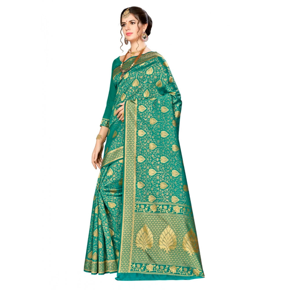 Amfyn Women's Banarasi silk Saree with Blouse (Green, 5-6mtr)