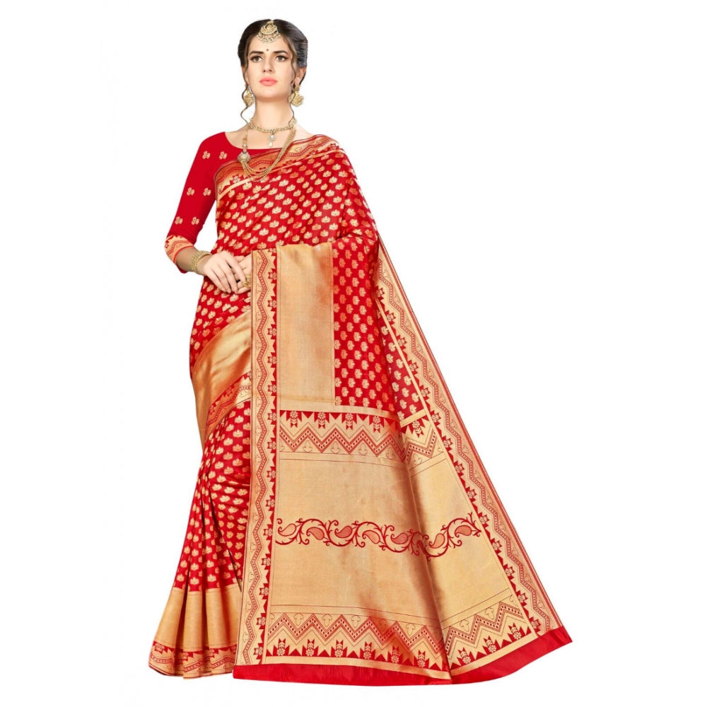 Amfyn Women's Banarasi silk Saree with Blouse (Red, 5-6mtr)