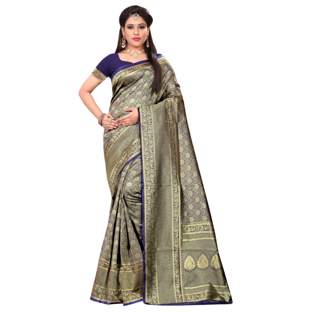 Amfyn Women's Banarasi silk Saree with Blouse (Navy blue, 5-6mtr)