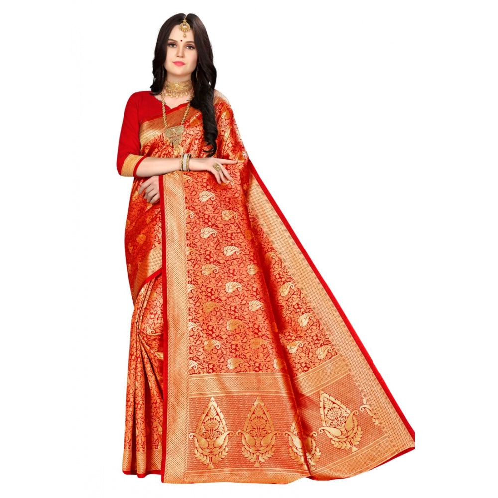 Amfyn Women's Banarasi silk Saree with Blouse (Red, 5-6mtr)