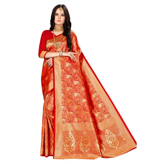 Amfyn Women's Banarasi silk Saree with Blouse (Red, 5-6mtr)
