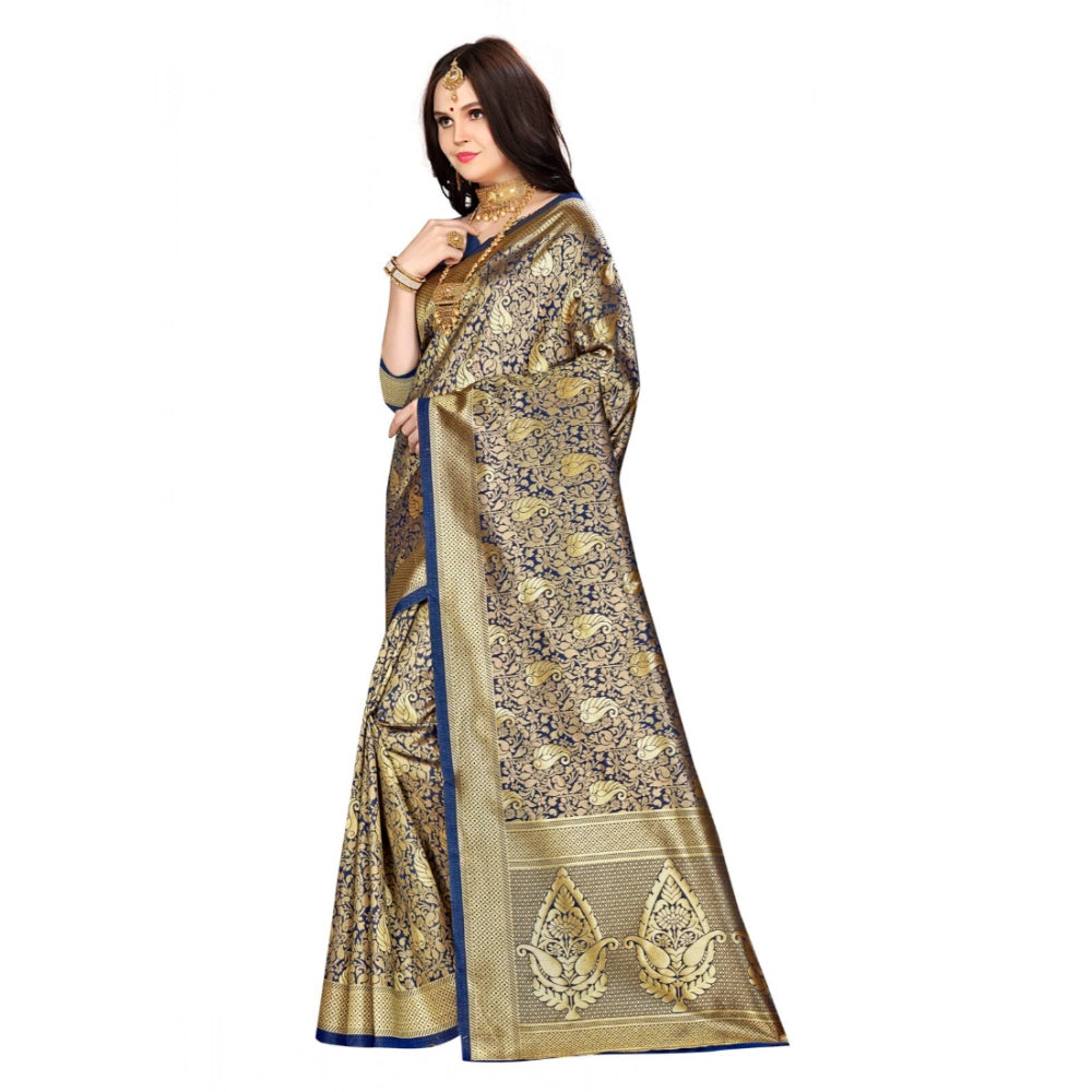 Amfyn Women's Banarasi silk Saree with Blouse (Navy blue, 5-6mtr)