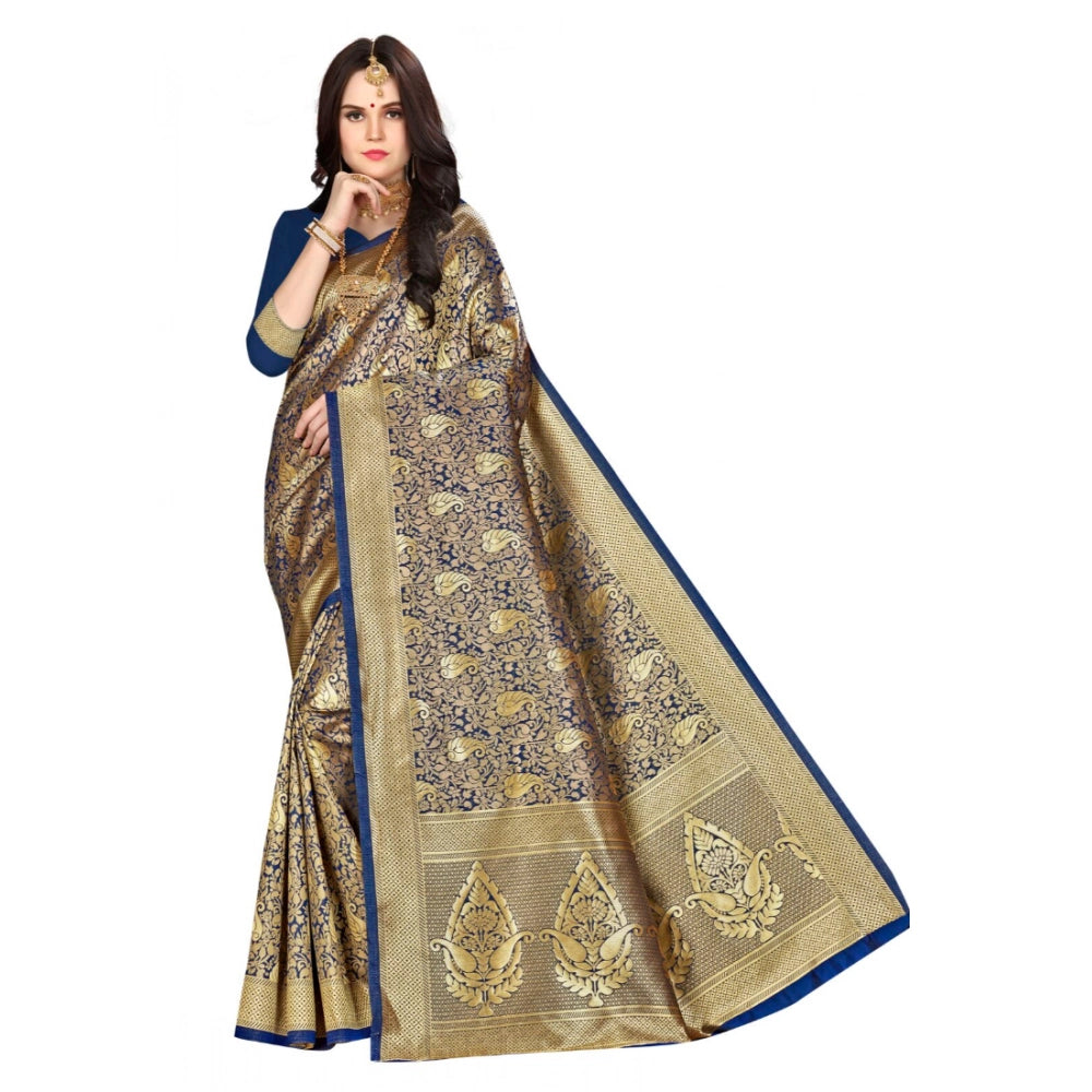 Amfyn Women's Banarasi silk Saree with Blouse (Navy blue, 5-6mtr)
