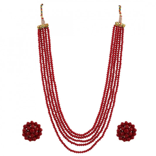Five Layer Maroon Crystal Beads Necklace With Earrings