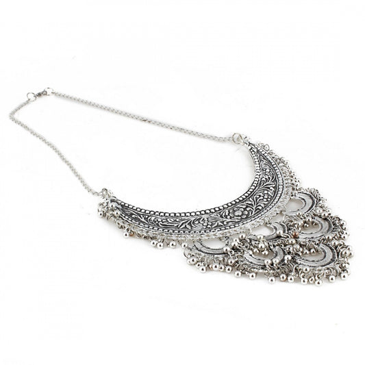 Antique Silver Half Moon Designed Tassel Necklace Set