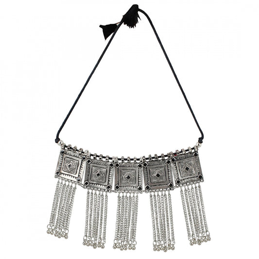 Black Oxidised Silver-Plated Floral Stone-Studded Afghani Necklace