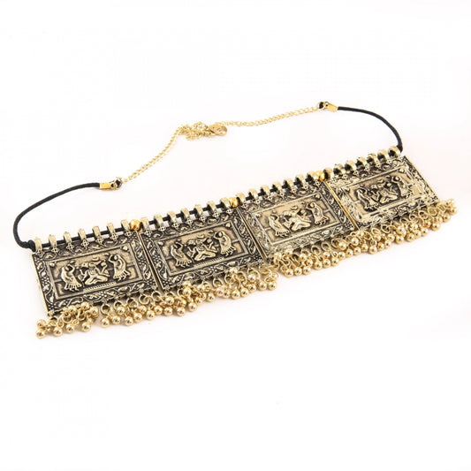 Oxidised Gold-Plated Floral Stone-Studded Afghani Necklace