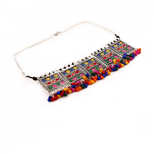 Oxidised Silver Plated Meena Work Choker Necklace