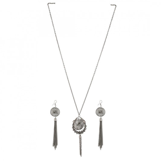 Silver Oxidized Chain Necklace with Earrings