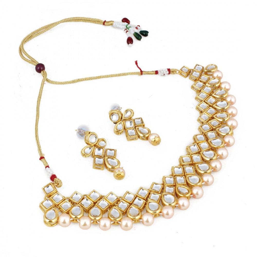 Designer Pearl Gold Plated Shining Kundan Necklace Set with Earrings