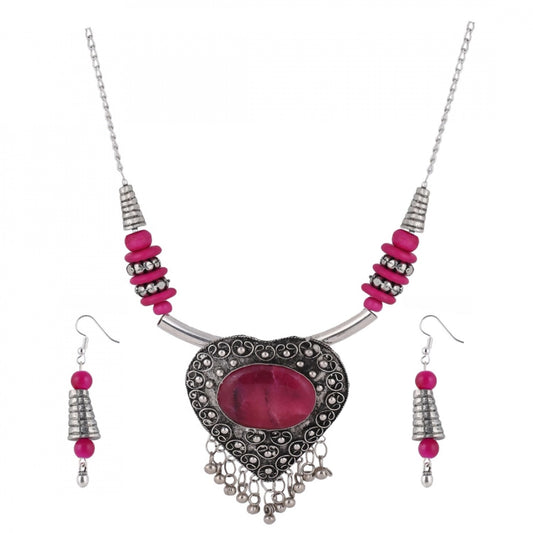 Designer Heart Shaped Metal and Pink Stone Tibetan Necklace with Earrings