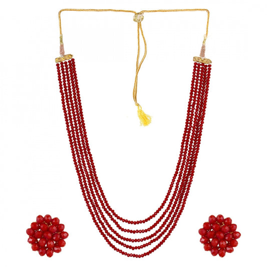 Five Layer Red Crystal Beads Necklace With Earrings