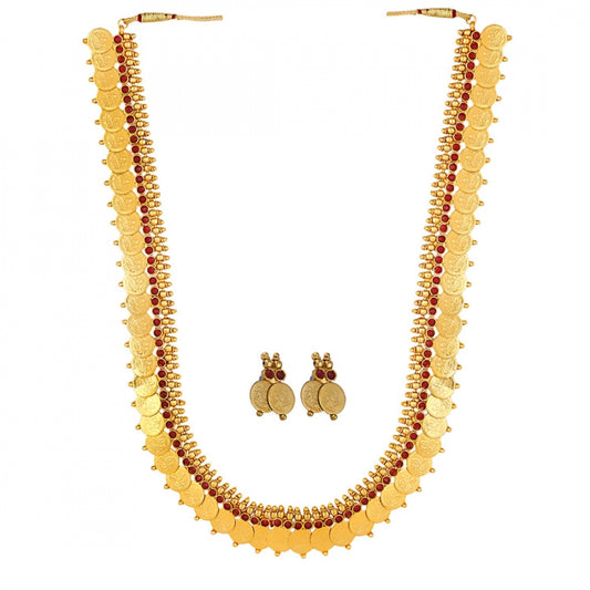 Gold Plated Copper Traditional Designer Temple Coin Necklace with Earrings