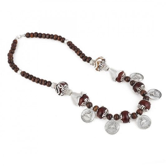 Designer Brown Beads Tibetean Silver Coin Necklace