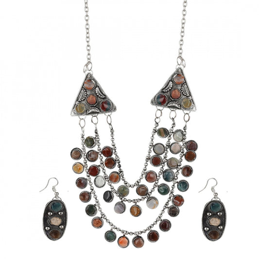 Multi Layer Cut Onyx Stones Oxidized Silver Necklace