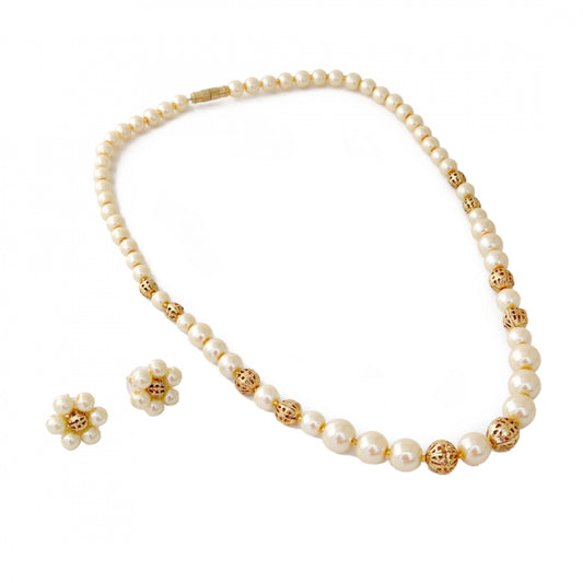 Pearl Golden Beads Necklace with Earrings