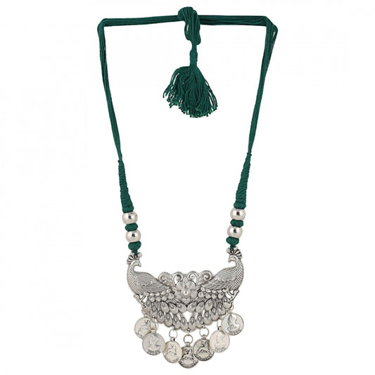Designer German Silver Peacock Style Necklace with Green Thread Dori
