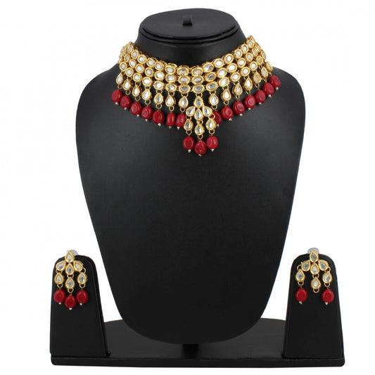 Maroon Kundan Metal Necklace With Earrings Set