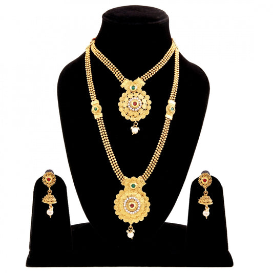 Enchanting Red &amp; Green Kundan Gold Plated Opera Style Necklace Set