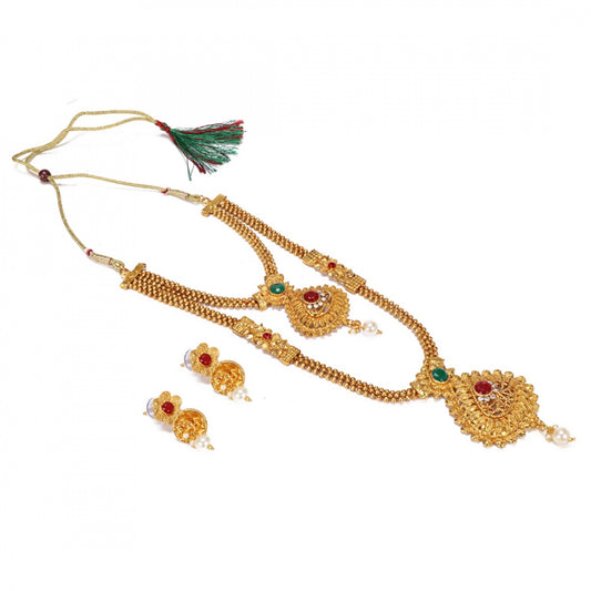 Enchanting Red &amp; Green Kundan Gold Plated Opera Style Necklace Set