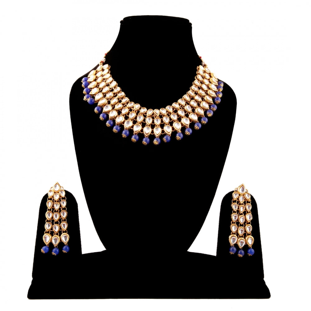 Elegant Finish Gold Plated Blue Kundan Necklace Set
