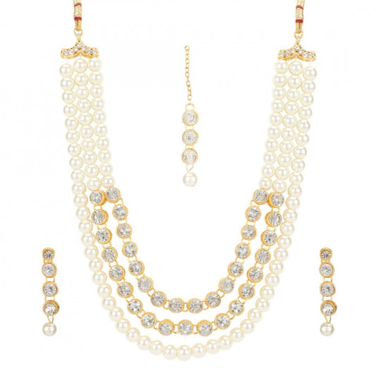 Pearl Traditional Gold Plated Kundan Necklace Set with Maang Tikka