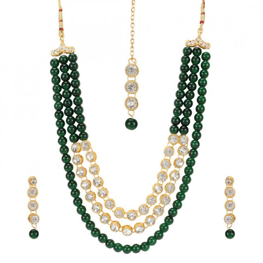 Green Traditional Gold Plated Kundan Necklace Set with Maang Tikka