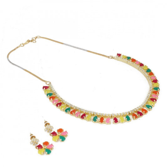 Designer Multi Colour Diamond Gold Plated Necklace Set with Earrings
