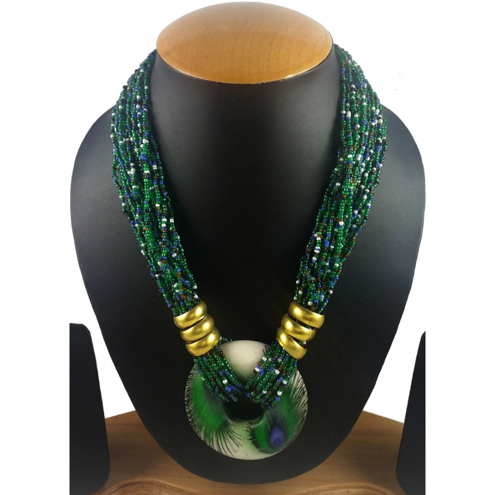 Hand Made Green Pearl Mayuri Beads Necklace with Pendant