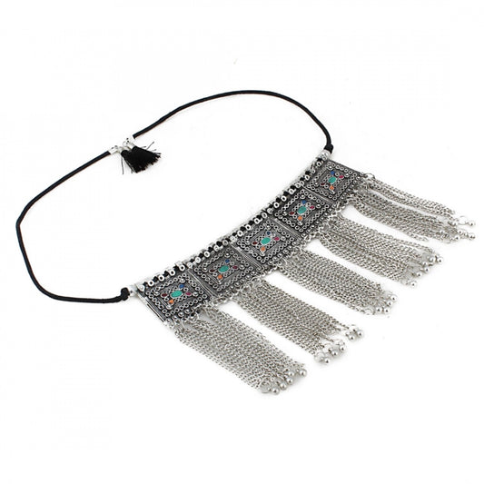 Oxidised Silver-Plated Floral Stone-Studded Afghani Necklace