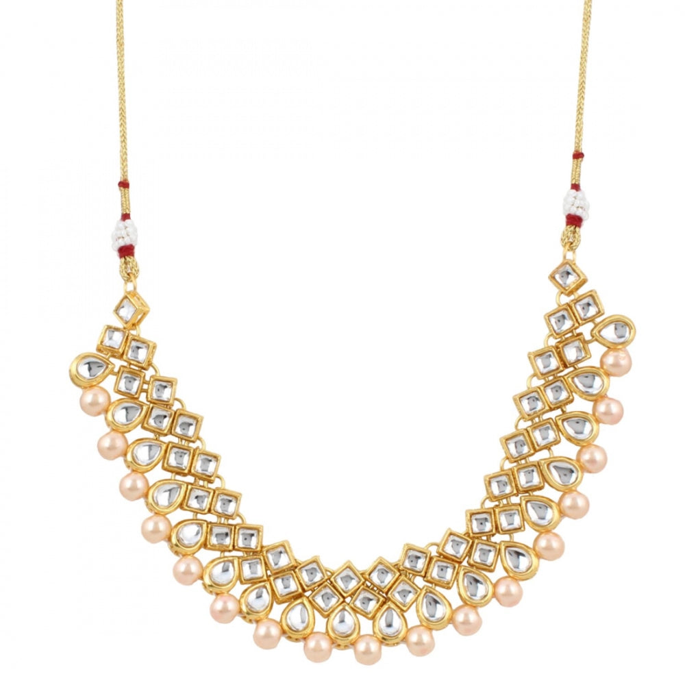 Designer Pearl Gold Plated Shining Kundan Necklace Set with Earrings