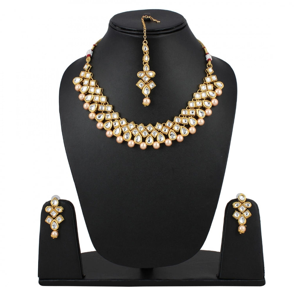 Designer Pearl Gold Plated Shining Kundan Necklace Set with Earrings