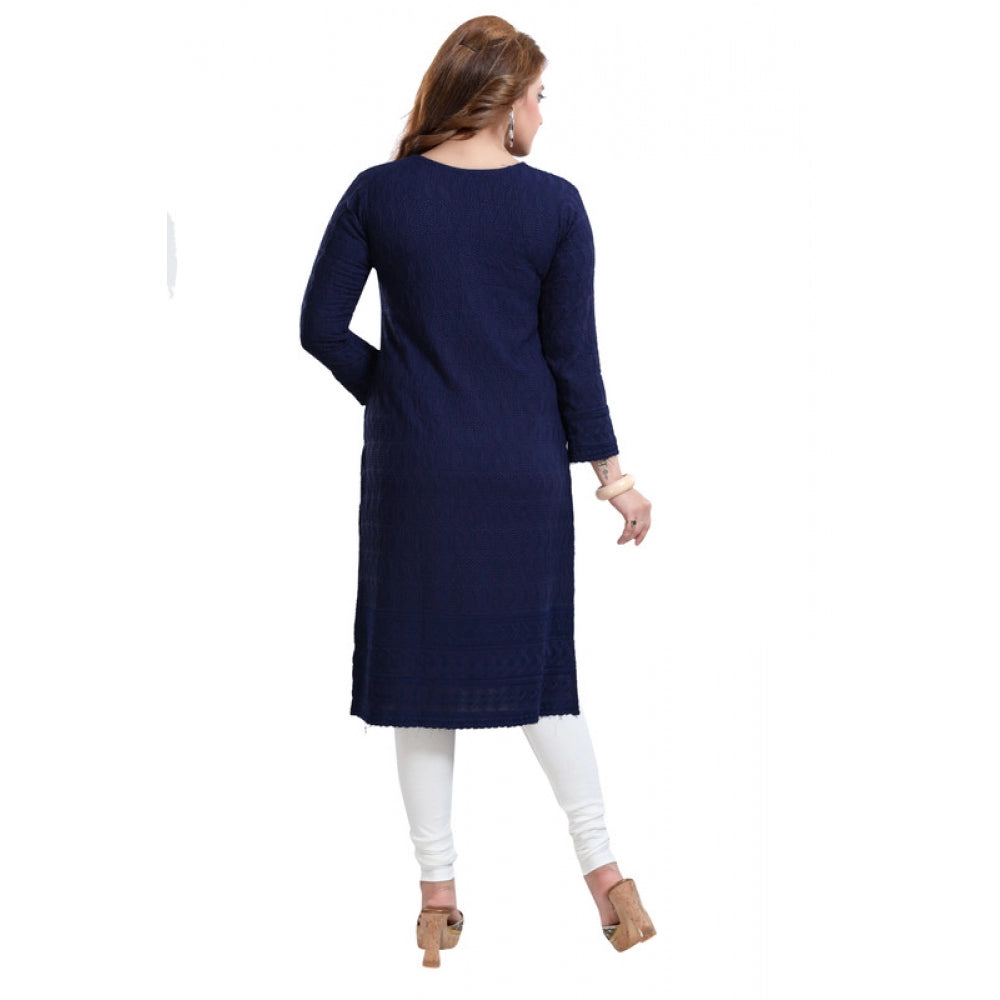Amfyn Women's Rayon Embroidered Straight Kurti-Navy Blue
