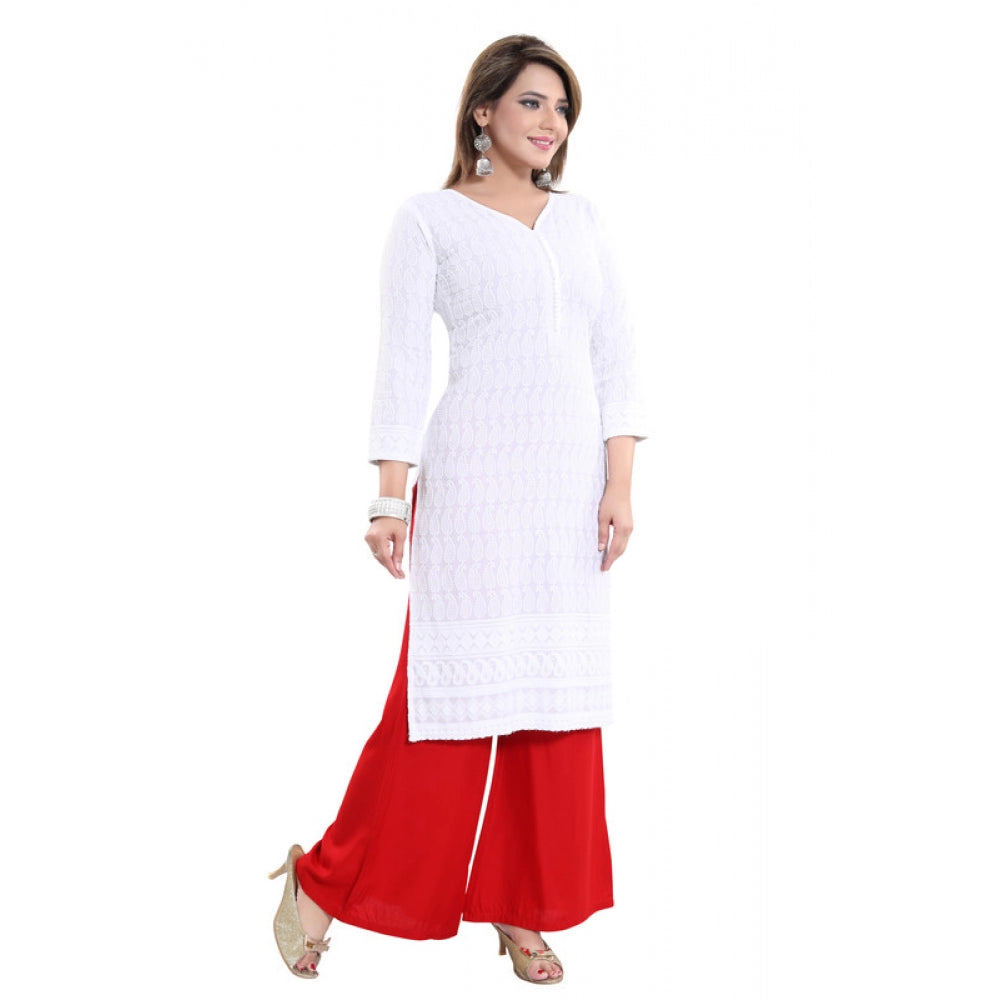 Amfyn Women's Rayon Embroidered Straight Kurti-White