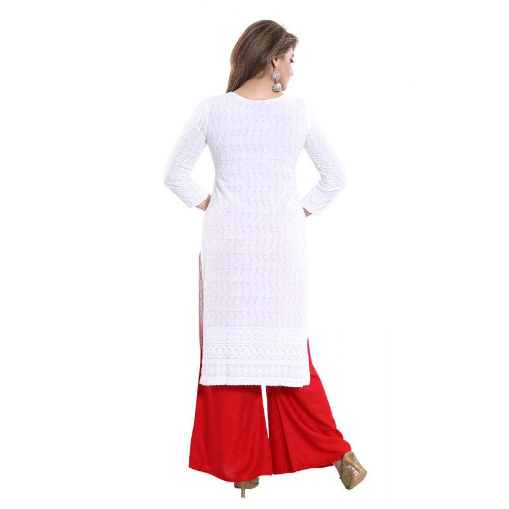 Amfyn Women's Rayon Embroidered Straight Kurti-White
