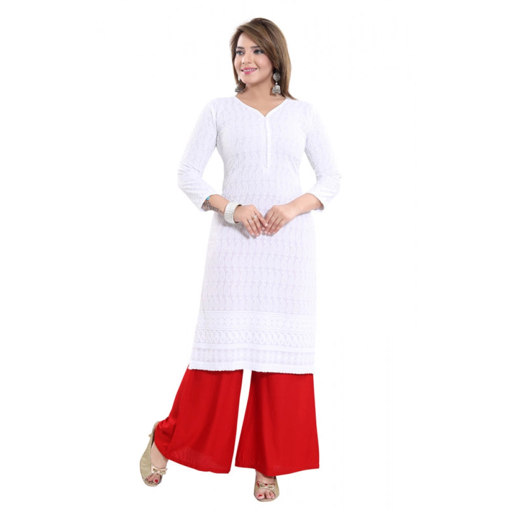 Amfyn Women's Rayon Embroidered Straight Kurti-White