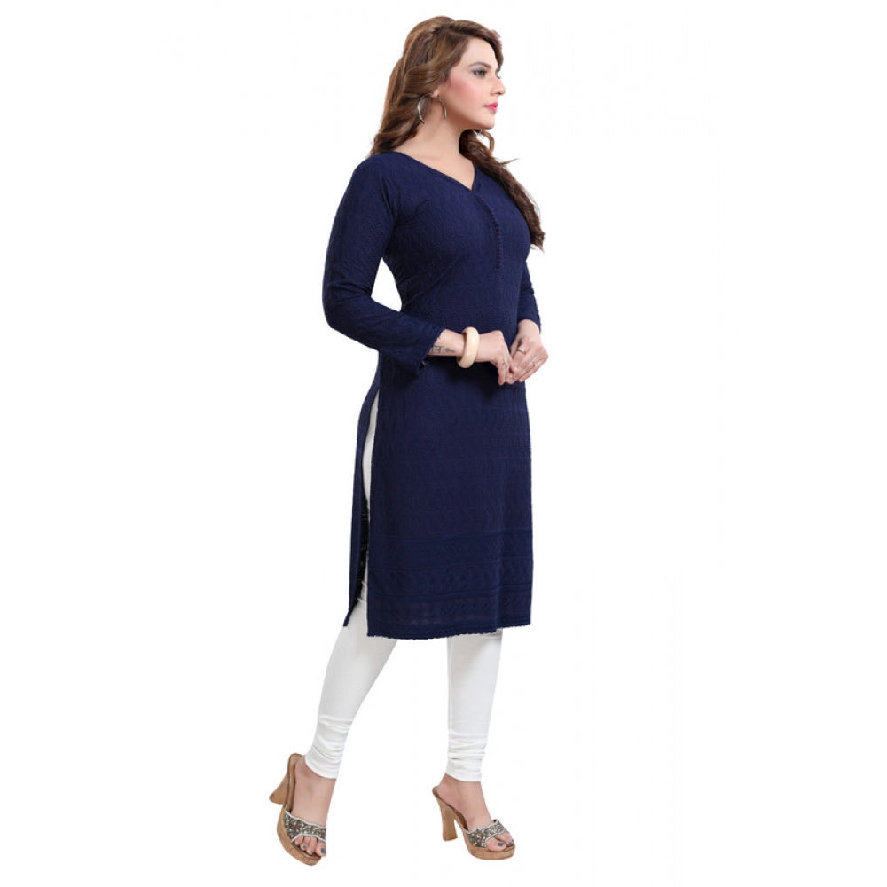 Amfyn Women's Rayon Embroidered Straight Kurti-Navy Blue