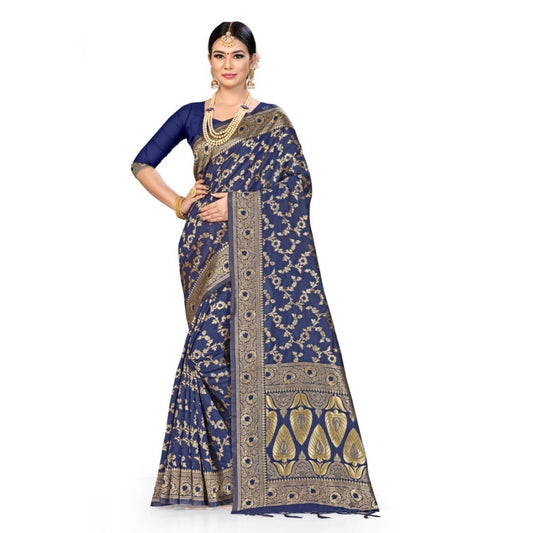 Amfyn Women's Banarasi Silk Saree (Neavy blue, 5-6mtrs)