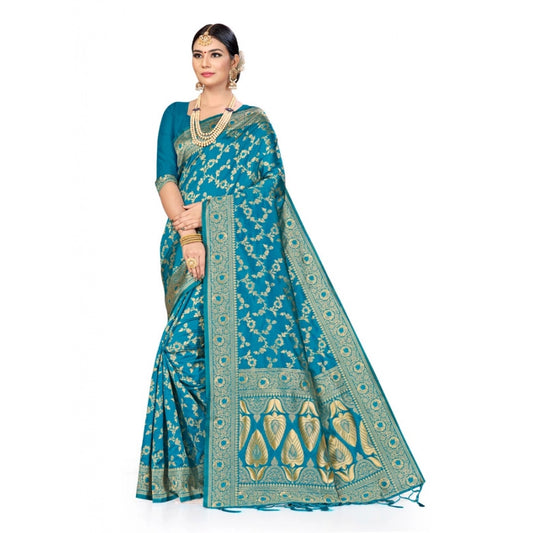 Amfyn Women's Banarasi Silk Saree (Sky blue, 5-6mtrs)