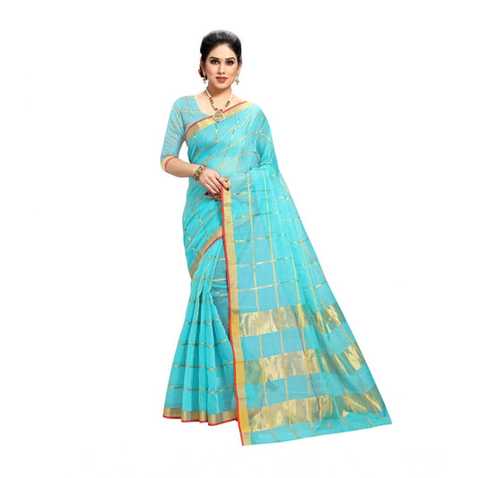 Amfyn Women's Kota Doria Cotton Saree With Blouse (Sky Blue,6-3 Mtrs)