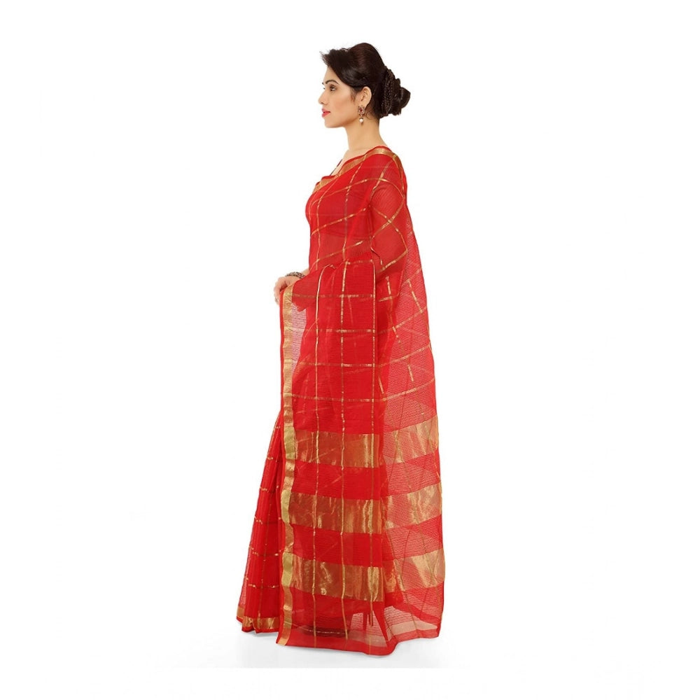 Amfyn Women's Kota Doria Cotton Saree With Blouse (Red,6-3 Mtrs)