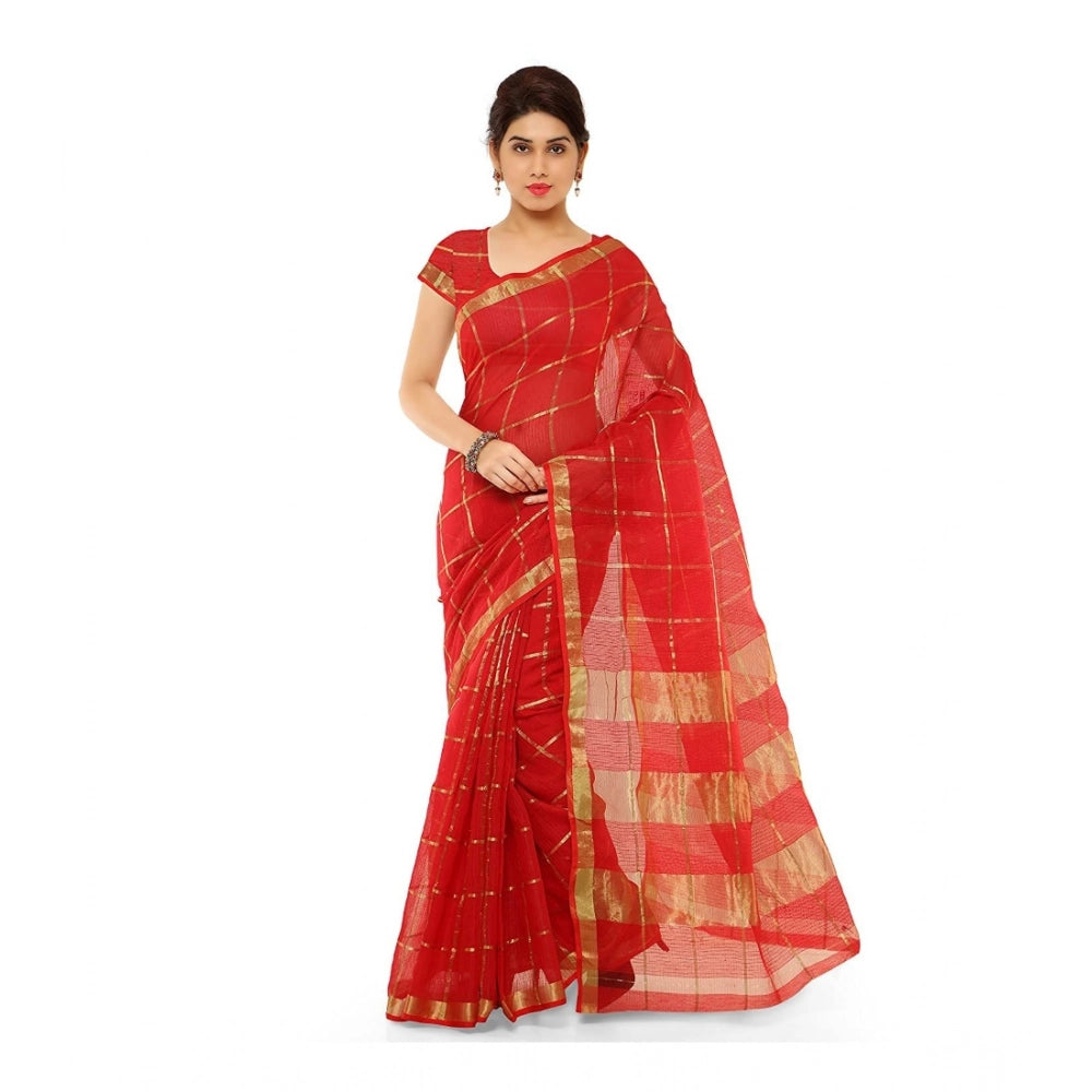 Amfyn Women's Kota Doria Cotton Saree With Blouse (Red,6-3 Mtrs)