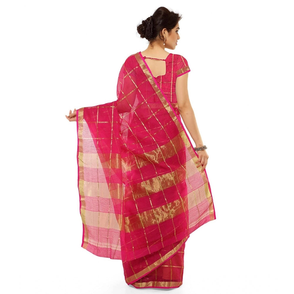 Amfyn Women's Kota Doria Cotton Saree With Blouse (Rani,6-3 Mtrs)
