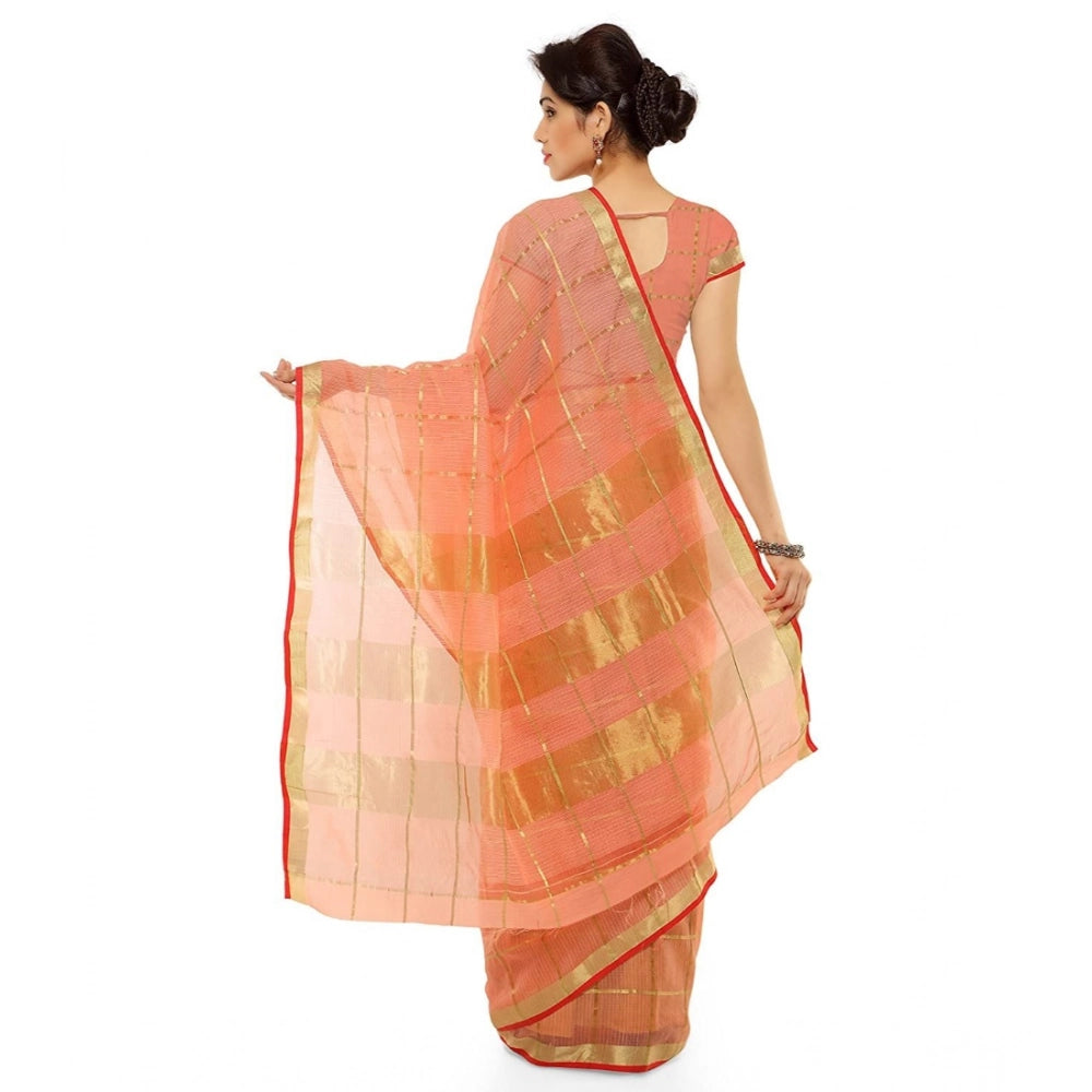 Amfyn Women's Kota Doria Cotton Saree With Blouse (Peach,6-3 Mtrs)