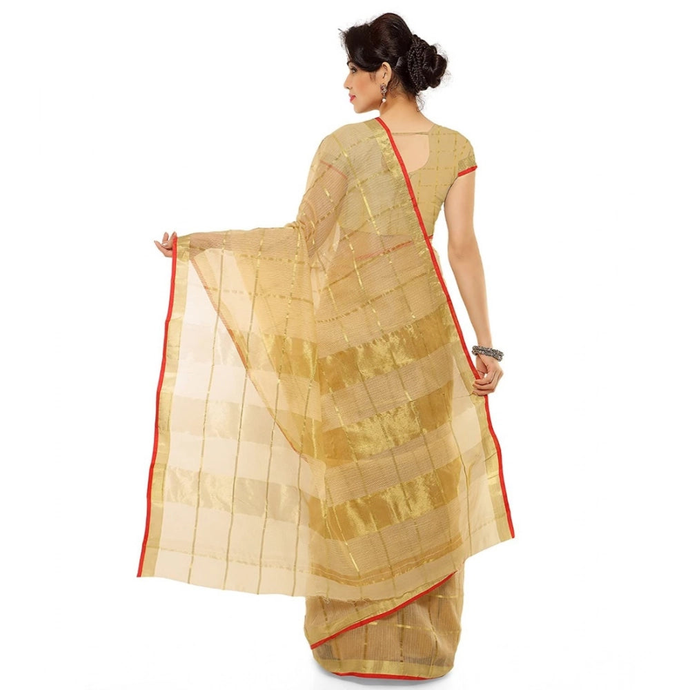 Amfyn Women's Kota Doria Cotton Saree With Blouse (Chikoo,6-3 Mtrs)