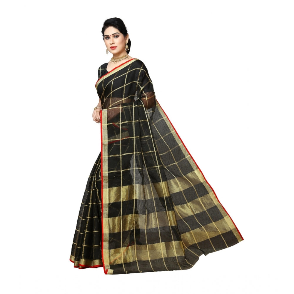 Amfyn Women's Kota Doria Cotton Saree With Blouse (Black,6-3 Mtrs)