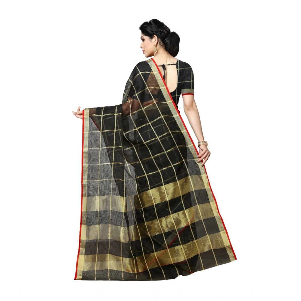 Amfyn Women's Kota Doria Cotton Saree With Blouse (Black,6-3 Mtrs)