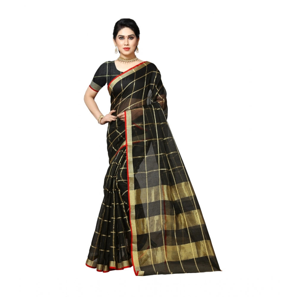 Amfyn Women's Kota Doria Cotton Saree With Blouse (Black,6-3 Mtrs)