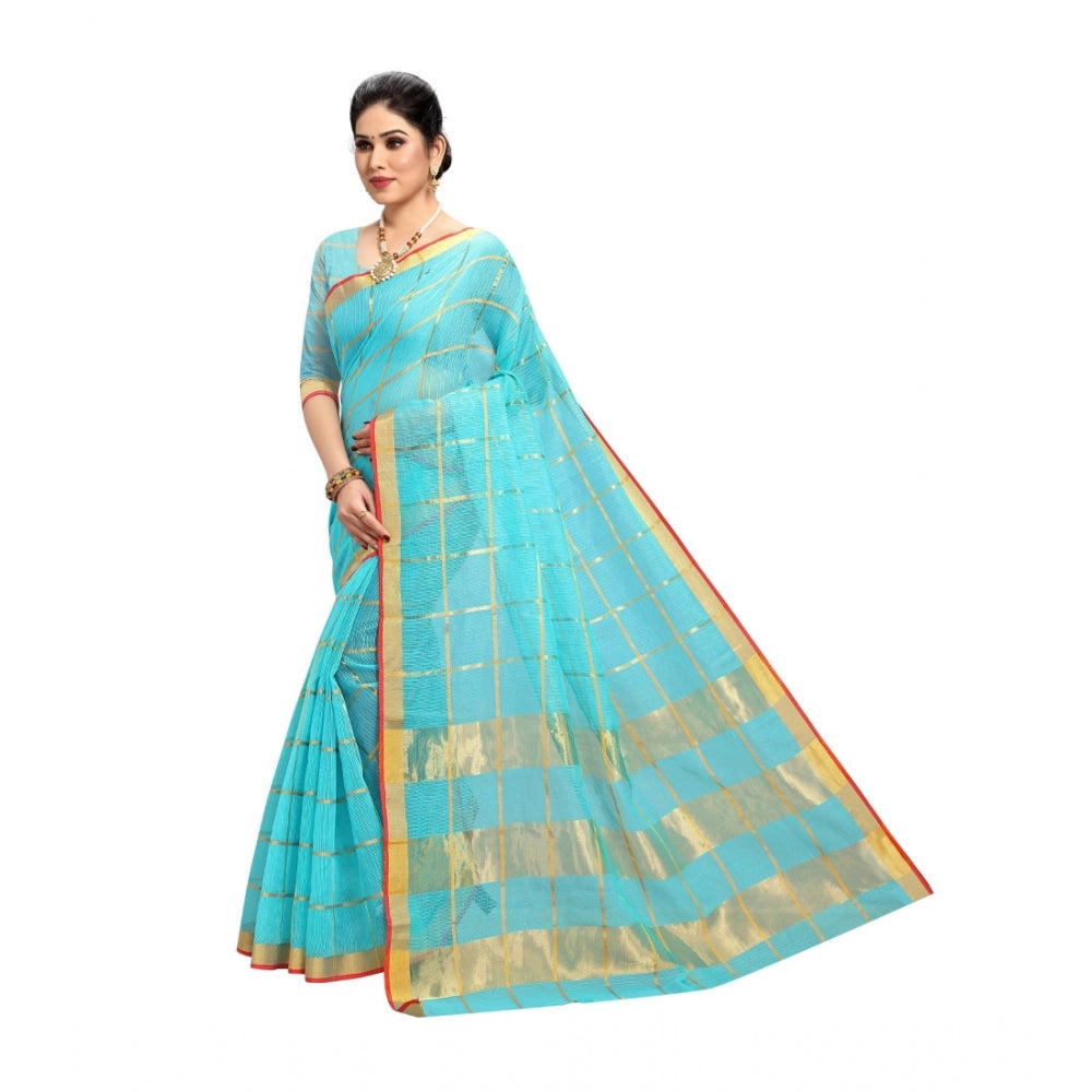 Amfyn Women's Kota Doria Cotton Saree With Blouse (Sky Blue,6-3 Mtrs)