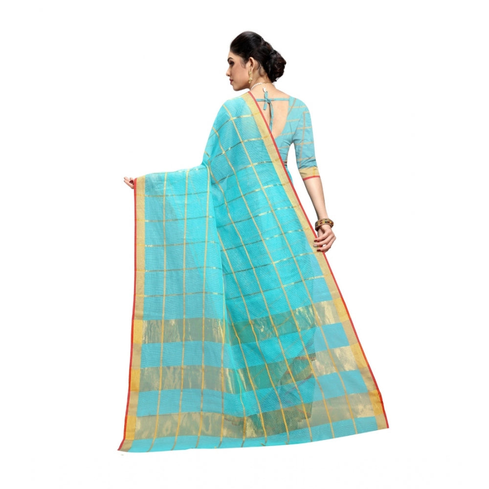 Amfyn Women's Kota Doria Cotton Saree With Blouse (Sky Blue,6-3 Mtrs)